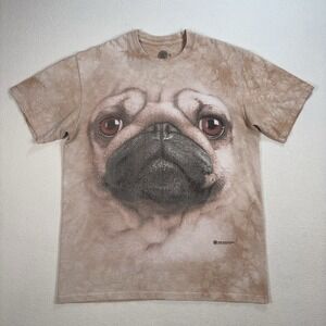The Mountain Pug Face T-Shirt Men's M Beige Tie Dye 100% Cotton Dog